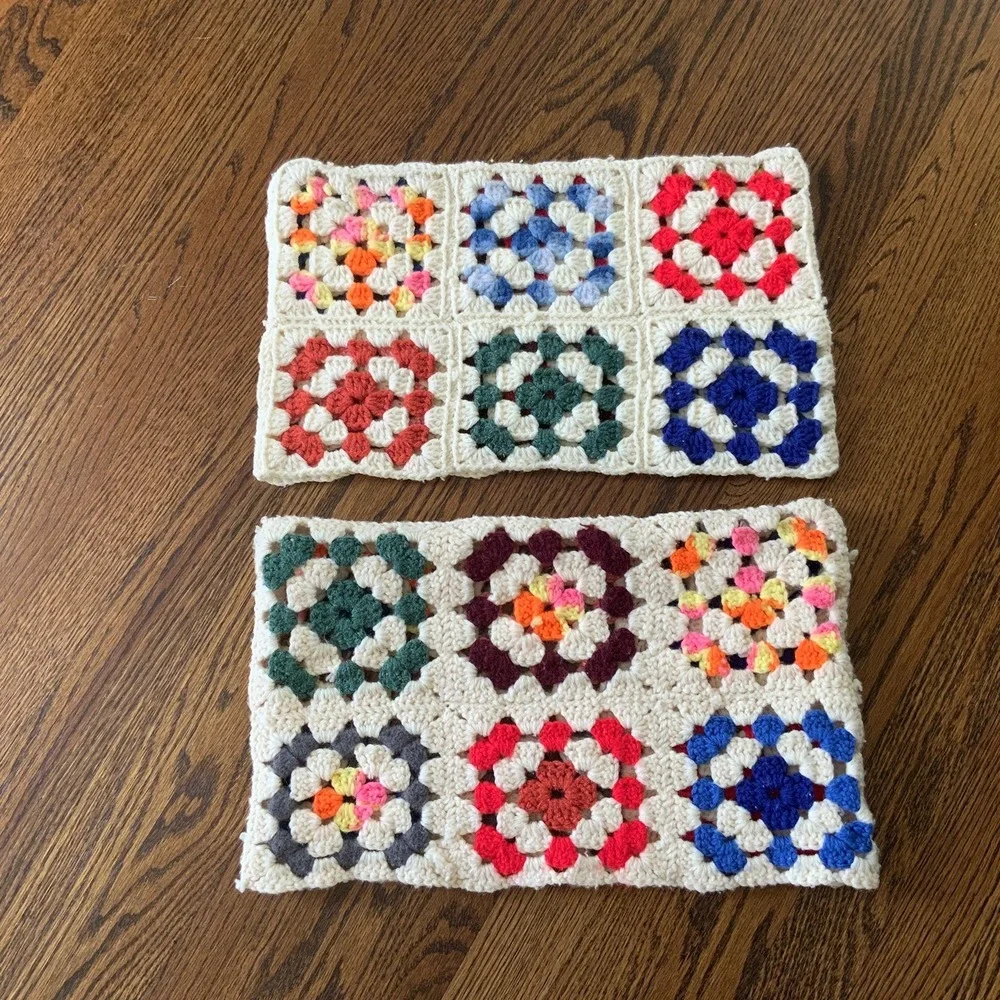 VTG Pair Hand Made Crochet Colorful‎ Granny Square Pillow Covers READ